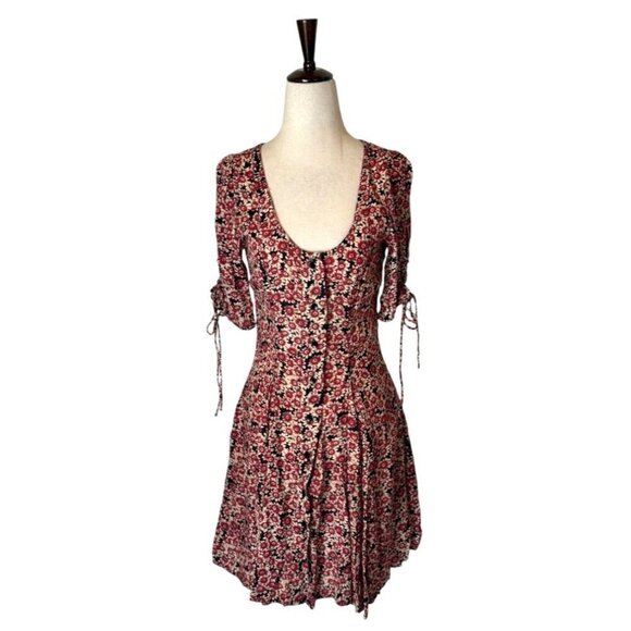 Free People Dress Women XS Red Black Floral Print Corset Lace‎ Up Mini Boho - Picture 2 of 13